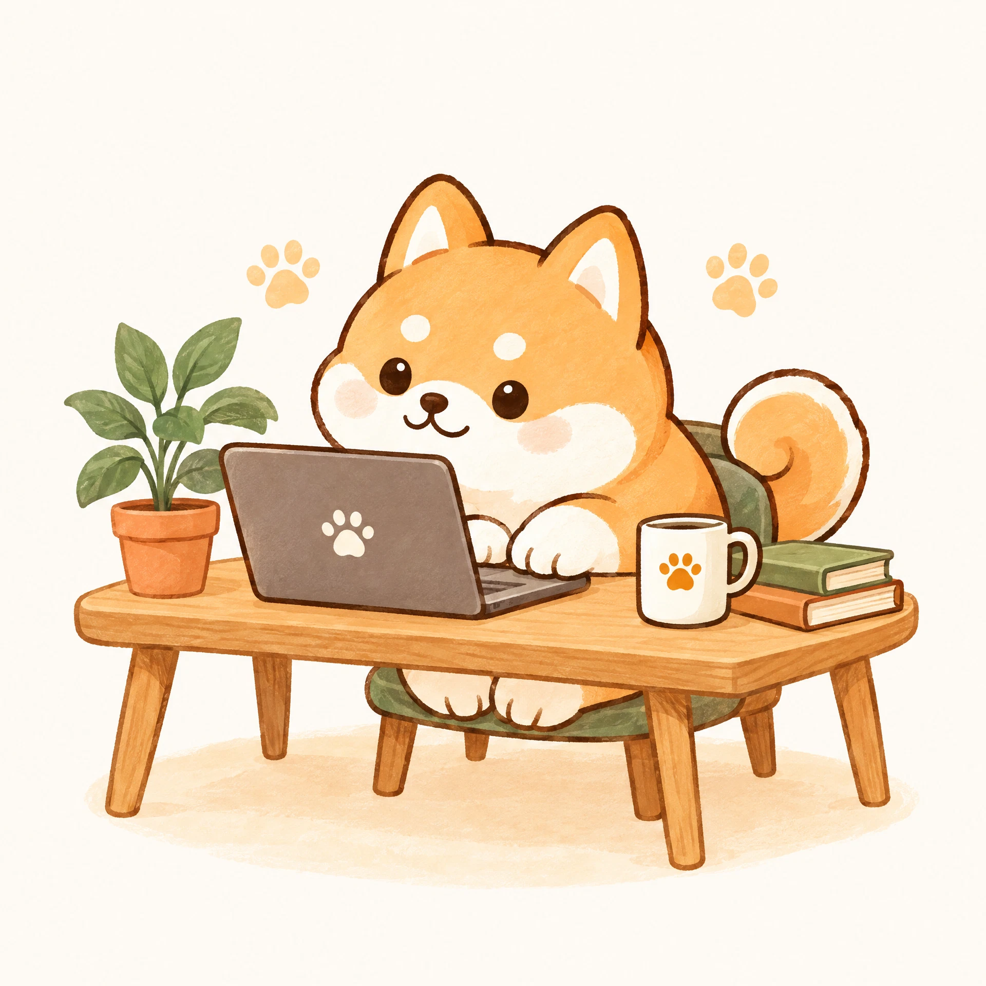 ノートパソコンに向かう柴犬と、植物やマグカップのやさしいイラスト